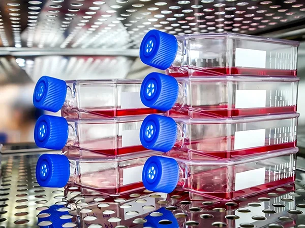 Transparent cell culture flask with blue breathable cap, stacked inside the incubator.