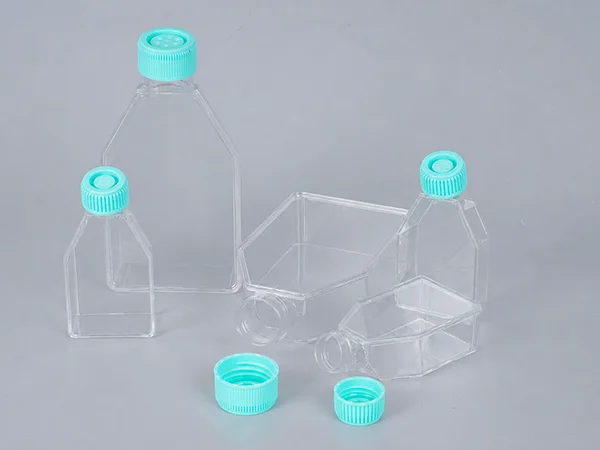 Transparent cell culture flask with a blue-green vented cap.