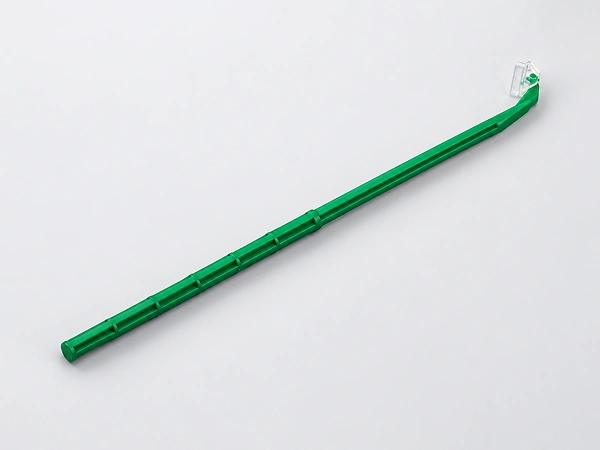 Green cell scraper with a long slender handle and a curved scraping blade at the end.