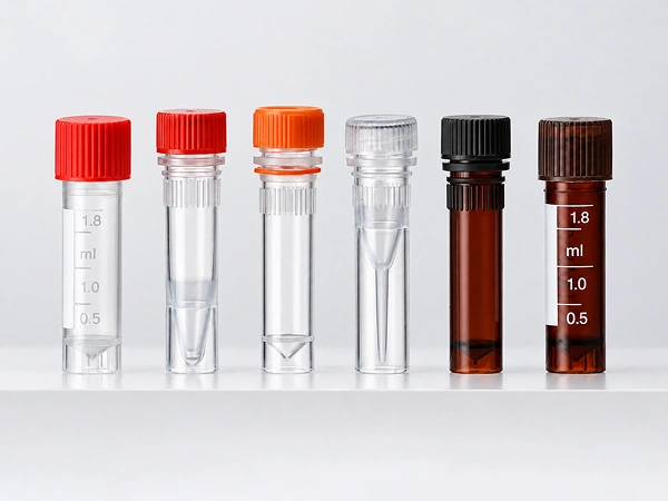Clear and amber laboratory sample tubes in various sizes.