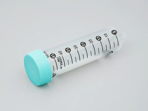 A horizontally placed 50 mL disposable centrifuge tube with a turquoise cap and black graduations.