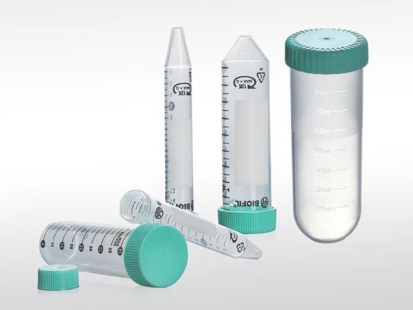 Transparent centrifuge tubes in different sizes and bottom types, with green caps and black scales.