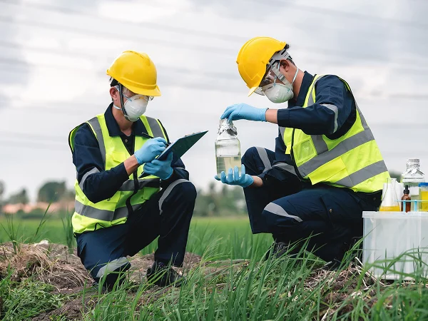 Environmental technicians collecting and recording a field sample for laboratory testing.