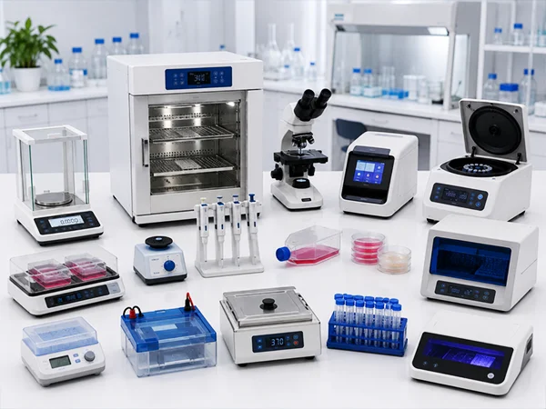 Laboratory instruments including a microscope, centrifuge, balance, pipettes and benchtop equipment.