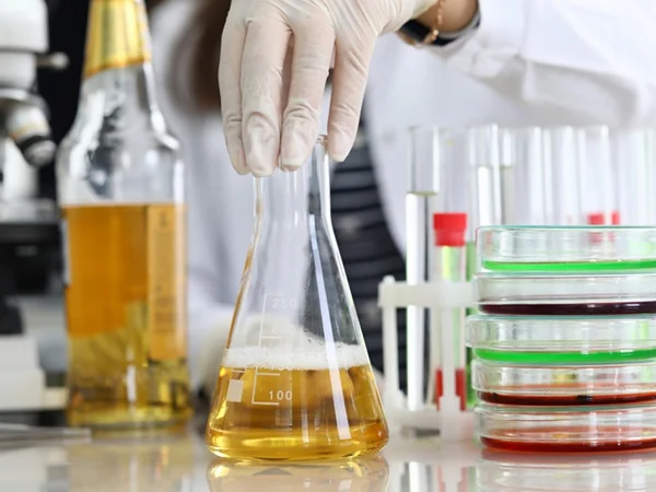Technician handling a liquid sample beside culture dishes and laboratory glassware.