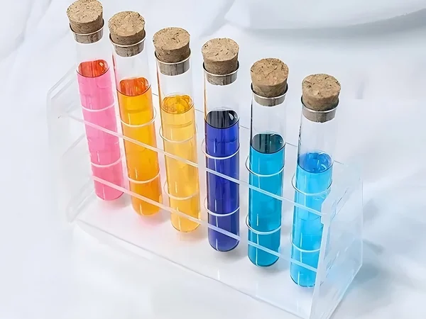 Stoppered glass test tubes with colored liquid samples for storage and later testing.