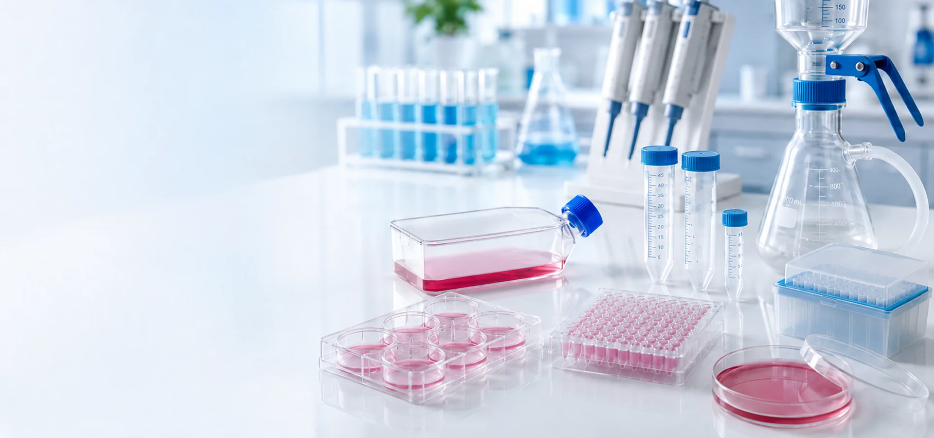 Various laboratory consumables and related products are neatly arranged on the laboratory bench.