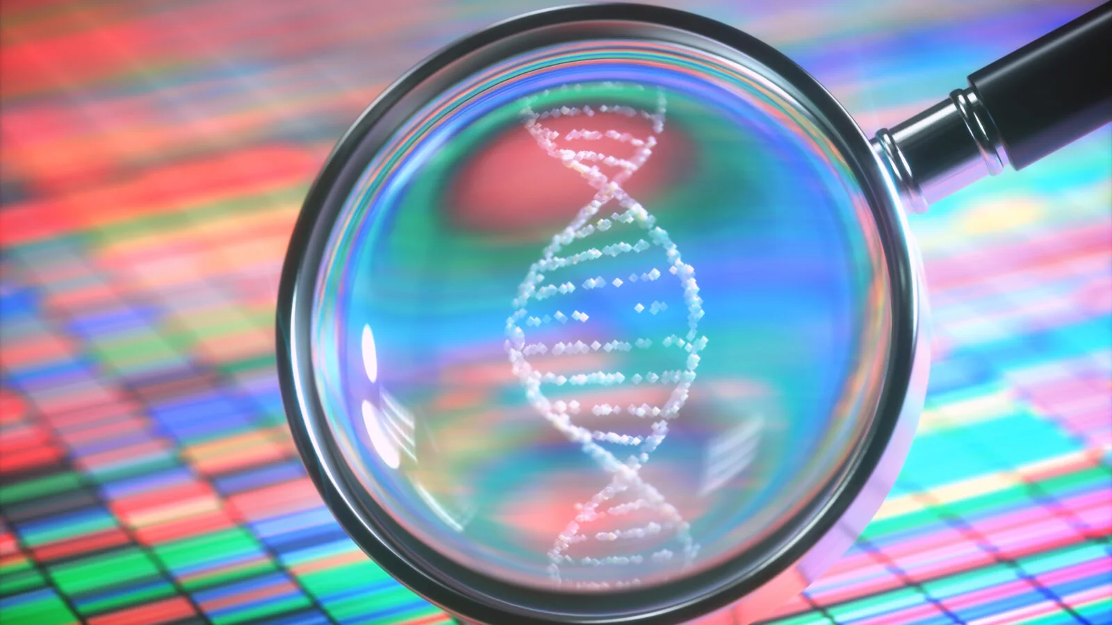 A DNA double helix viewed through a magnifying glass over a colorful genetic map.