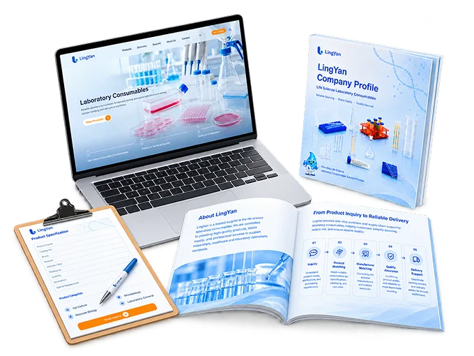 Company profile brochure, with pages displaying product and supply service content