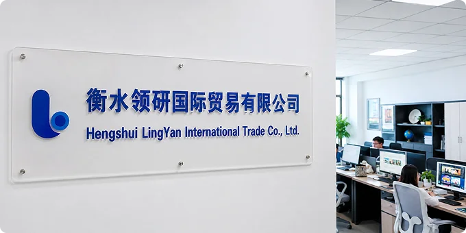 Company sign mounted on a white wall beside a bright office where employees work at computers.
