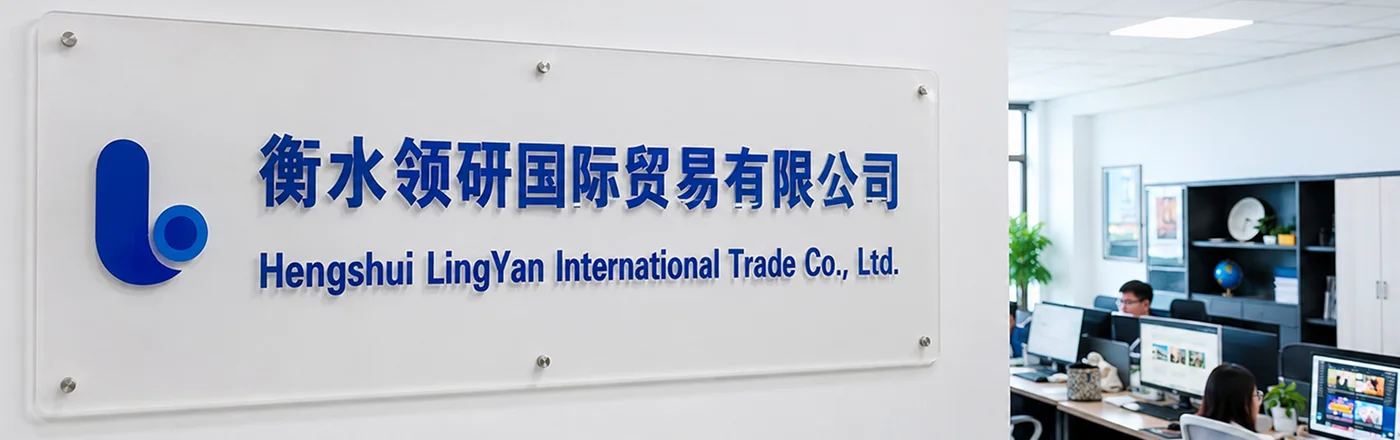 Company sign mounted on a white wall beside a bright office where employees work at computers.