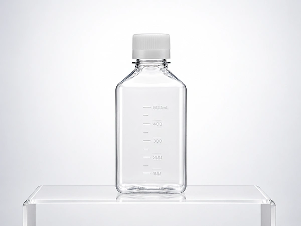 Clear media square bottle with a white screw cap and graduation marks.