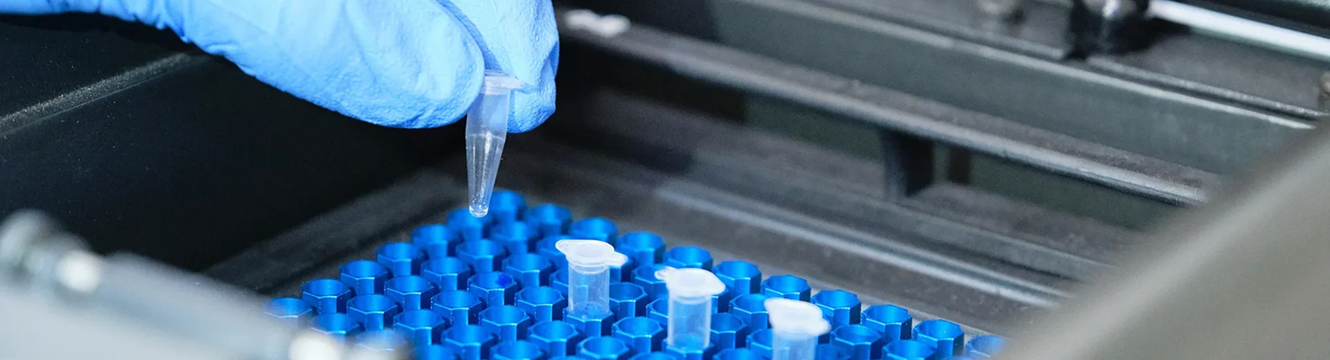 A gloved technician places a PCR tube into a blue rack inside a laboratory instrument.