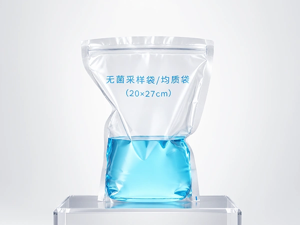 Clear sterile sampling bag with a sealing strip, containing blue liquid.