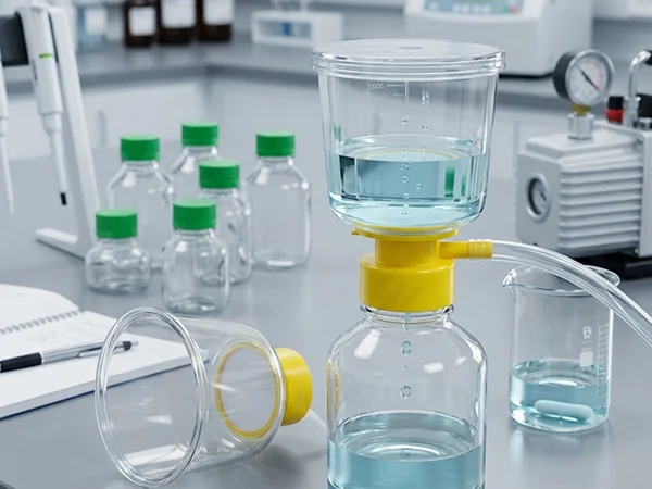 Vacuum filtration system with blue liquid, hose and pump for cell culture medium filtration.