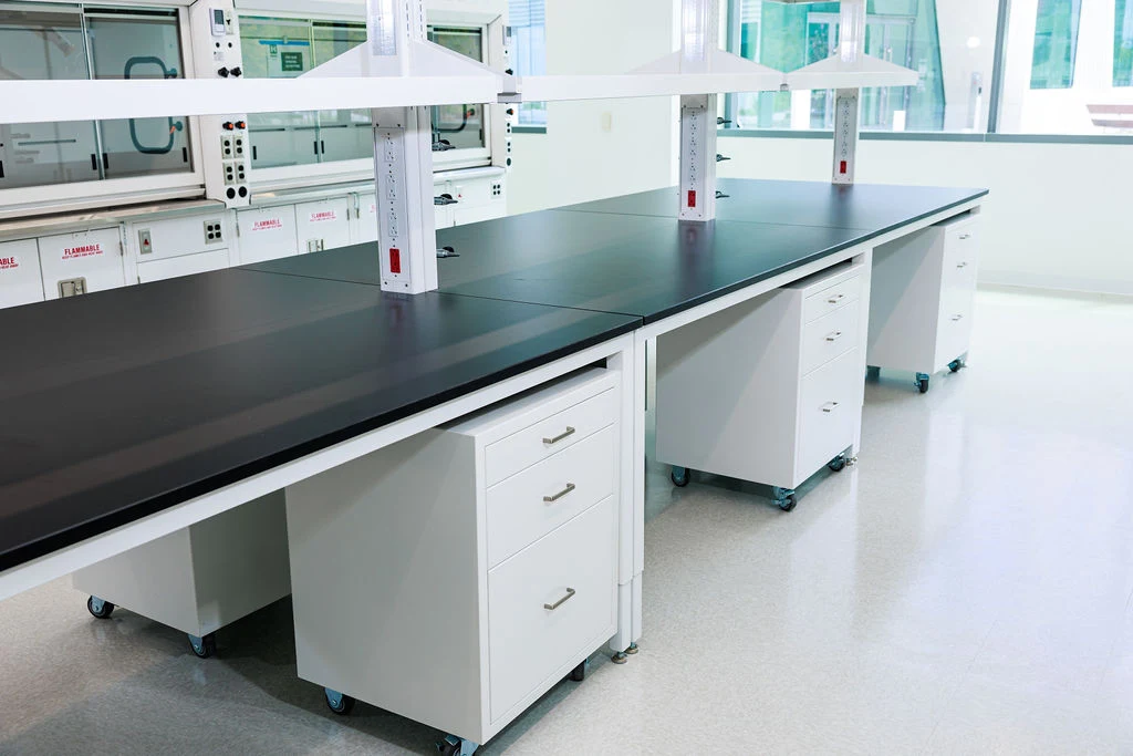 Black laboratory workbench and white storage cabinets in a laboratory space.