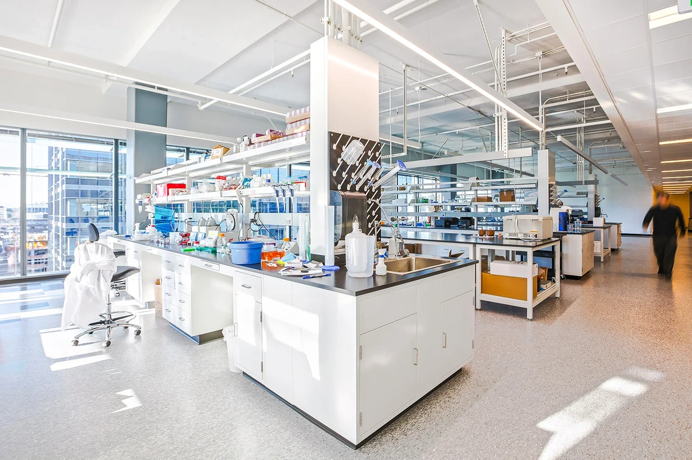 A bright life science laboratory with workbenches, instruments, and storage areas.