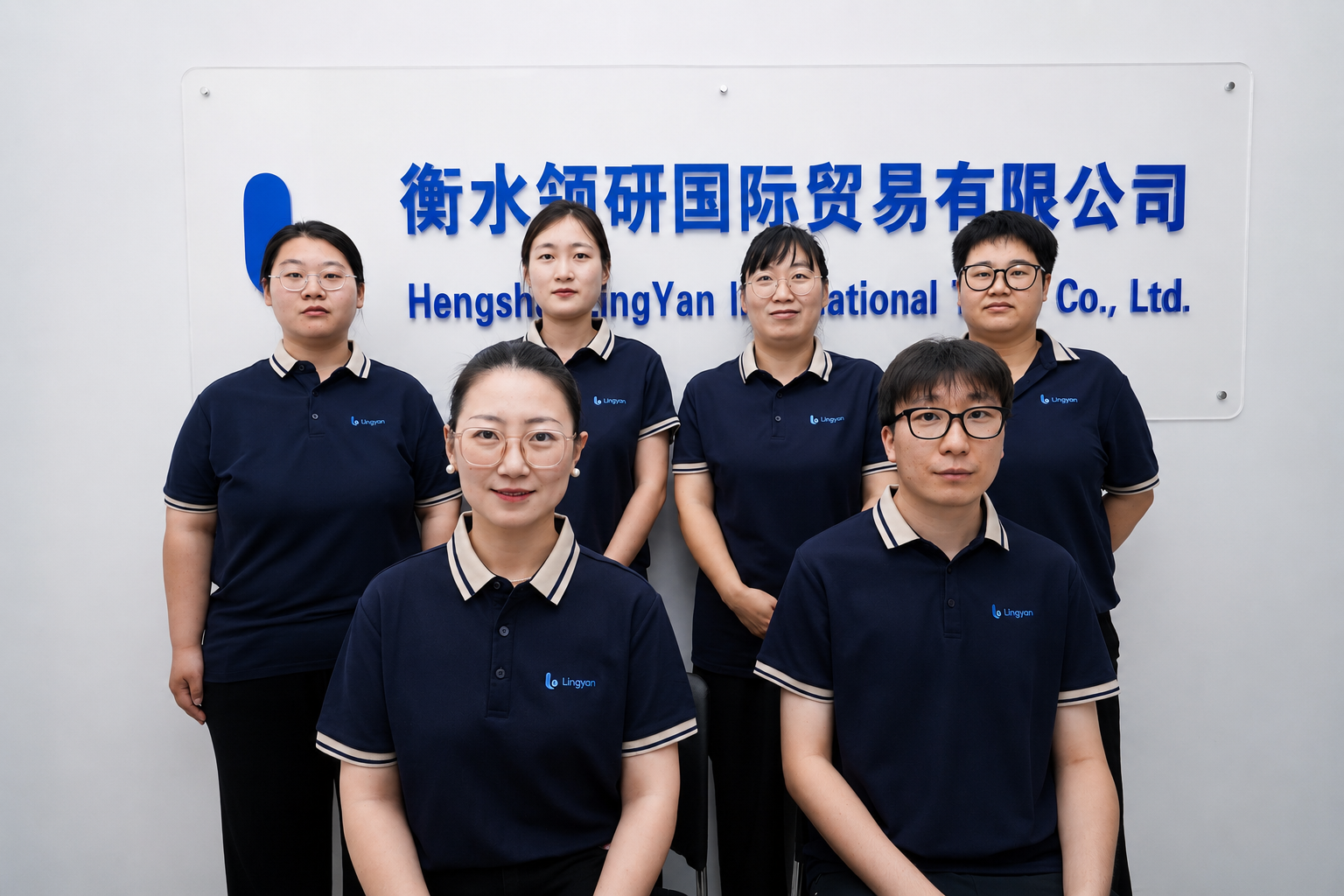 The Lingyan team standing together beside the company logo.