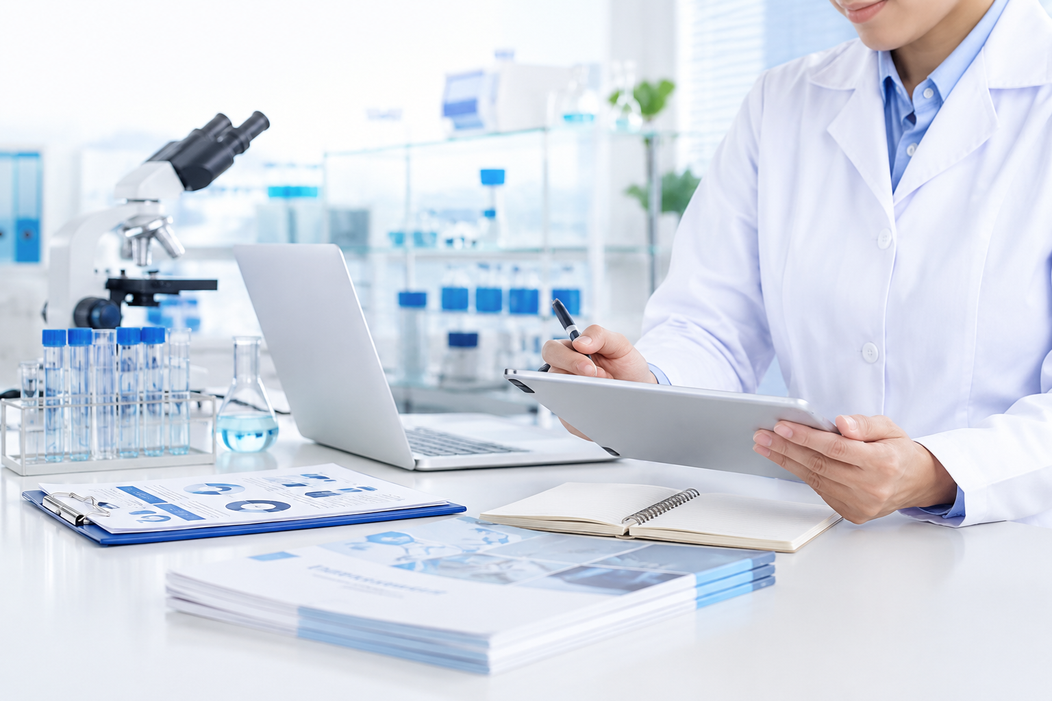 A laboratory specialist reviewing records beside a microscope and laptop.