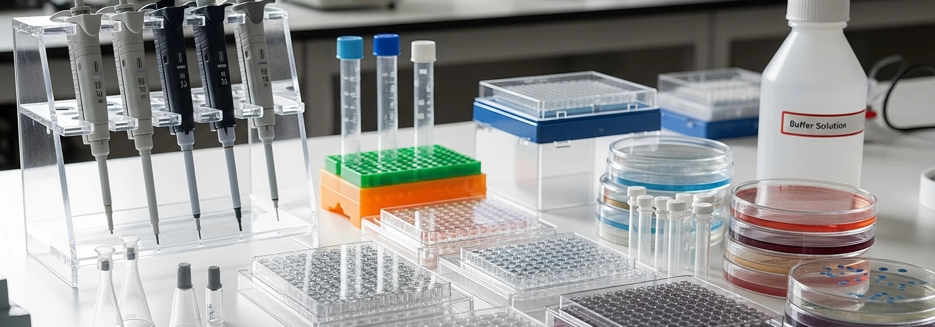 Display of various life science laboratory consumables combinations
